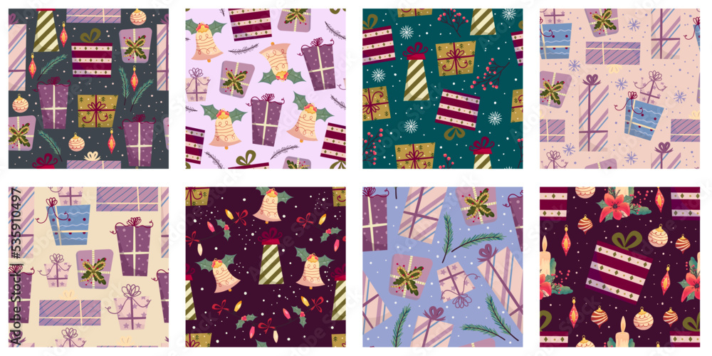 Obraz premium Cartoon seamless pattern christmas holiday set. Vector cartoon xmas seamless pattern. Festive gift box. Holiday background.