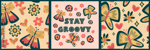 Retro boho poster set with butterfly hippie. Vintage 70s background. Hippie print illustration. Rainbow 60s, 70s, groovy vector.