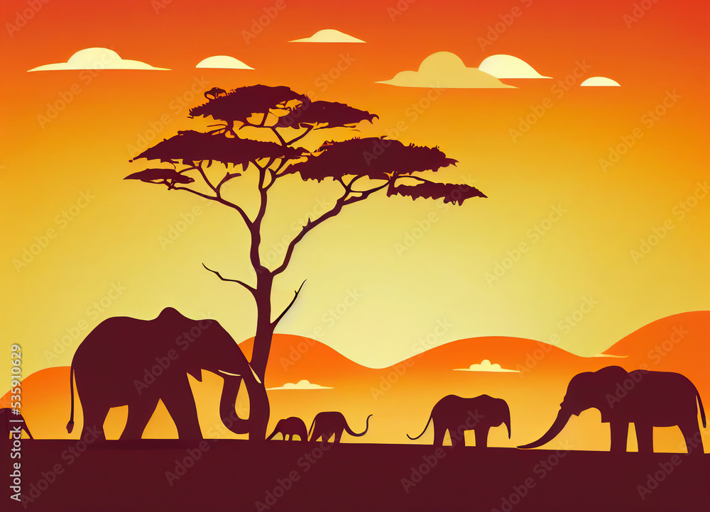 Fototapeta premium African wild landscape with African elephant silhouettes, wildlife, and orange sunset