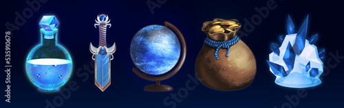 A set of fantasy props. A dagger, a globe, a stone with crystals, a bag with antique gold coins, a bottle with an ice potion. Game icons, interface elements. Concept art of magical objects on a dark.