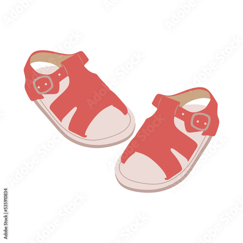 Kids summer sandals. Childs girls footwear pair. Girly foot wear with straps. Toddlers footgear. Flat vector illustration isolated on white background