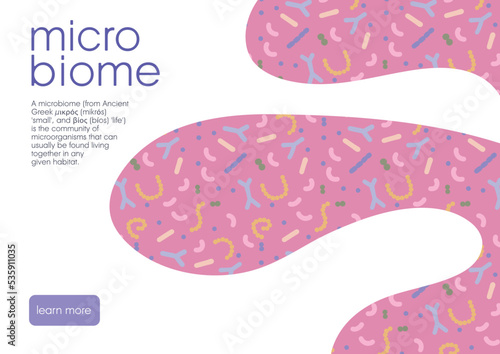Microbiome website landing page template, advertising or presentation. Abstract shapes with microbiota pattern. Vector flat hand drawn background with bacteria.