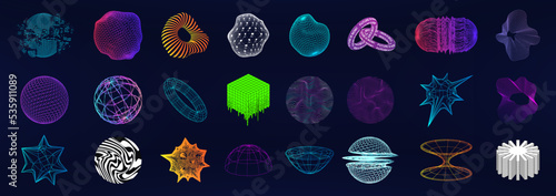 Memphis and retrofuturistic 3D shapes set. Geometric objects, spheres, shapes, abstract elements with glitch, deformation and liquid effect. Vaporwave, synthwave, cyberpunk, retrofuturistic concept