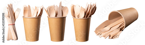 Wooden cutlery in a paper container for a drinking drink.