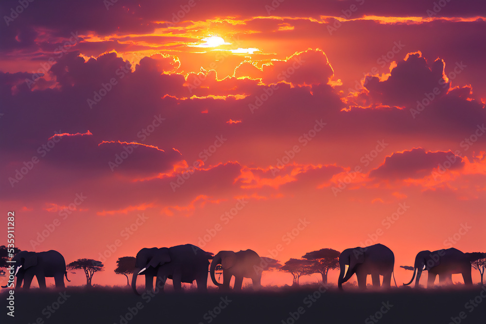 Wild elephants under a magnificent sunset overlooking the wild savannah