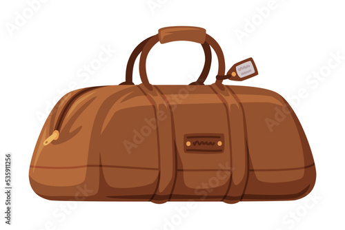 Brown Leather Travel Bag with Handle and Zipper as Packed Luggage for Traveling Vector Illustration