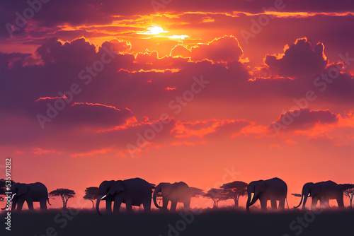 Wild elephants under a magnificent sunset overlooking the wild savannah