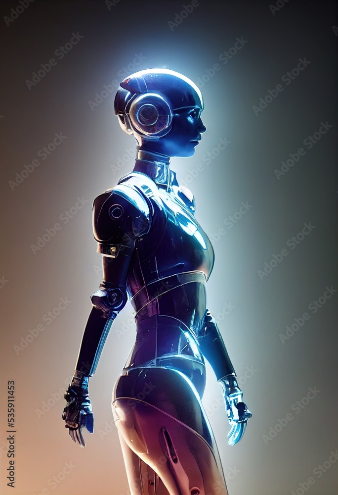 Robotic woman, face detail view. Portrait of robot woman close-up. Robotic  woman with real face.