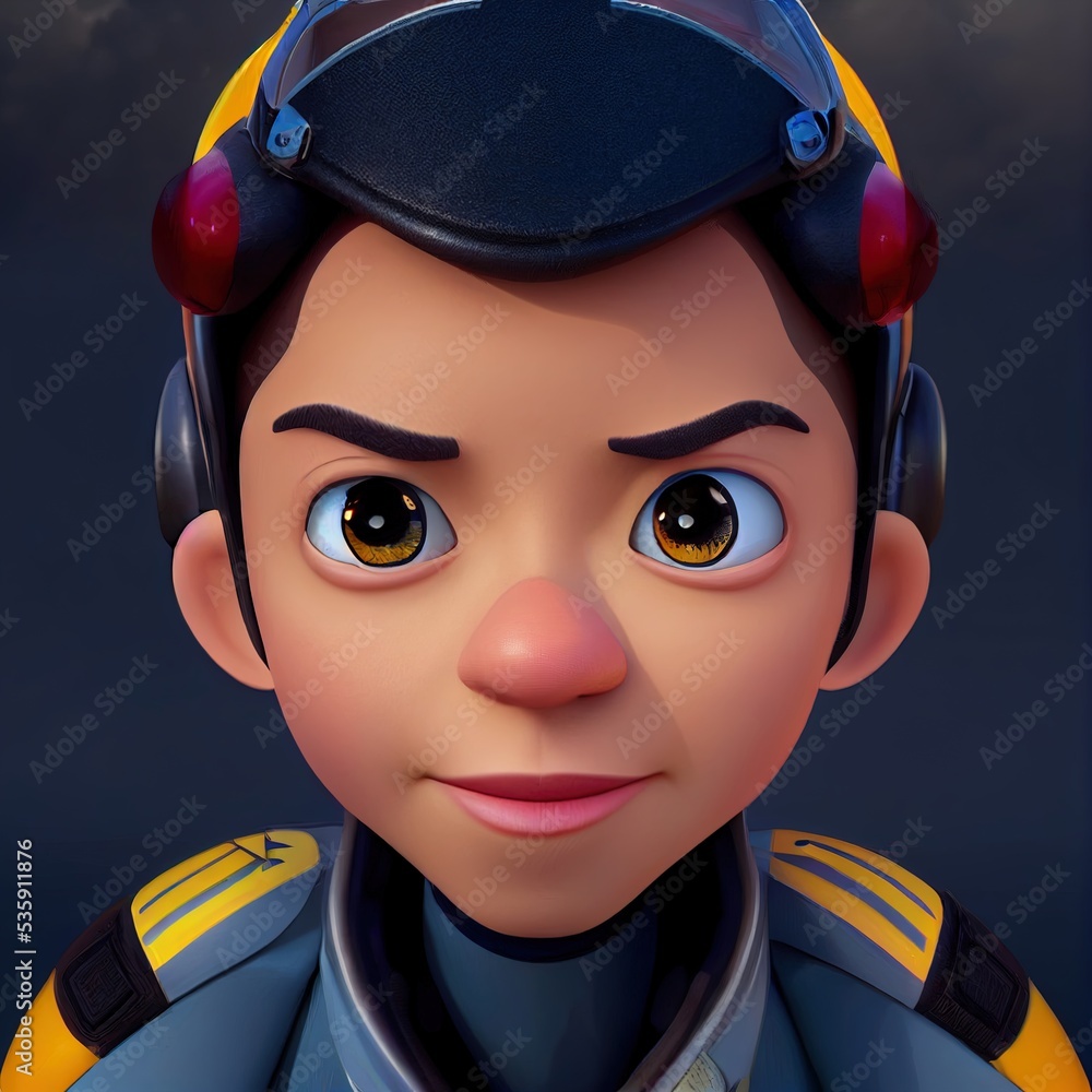 Young woman, jet fighter pilot in uniform and helmet. Cartoon big eyed