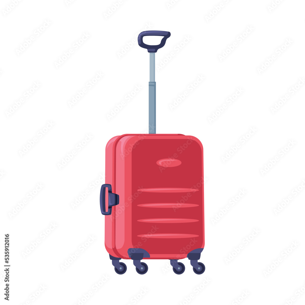Red Travel Suitcase with Handle and Wheels as Packed Luggage for Traveling Vector Illustration Red Travel Suitcase with Handle and Wheels as Packed Luggage for Traveling Vector Illustration