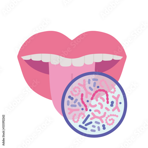 Oral microbiome concept. Healthy probiotic bacteria in human mouth. Tooth and tongue microbiota - lactobacillus, streprococcus. Flat hand drawn vector illustration.