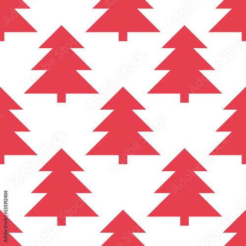 Christmas trees of simple geometric shape, seamless pattern in cartoon style. Vector drawing, monochrome color, red Christmas trees on a white background. Winter background for fabrics, wrapping paper