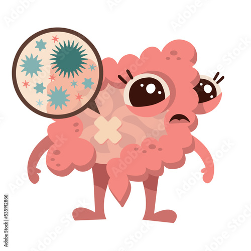 Microscopic bad bacterias. Human bad microflora, viruses in sick unhealthy Intestine character. Vector flat illustration icon cartoon mascot design. Human intestine microflora. Digestive tract