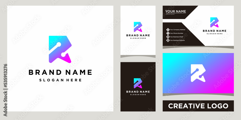 creative monogram R letter tech logo design template with business card design