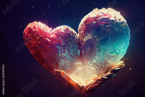 Heart silhouette with magic flowers. Fantasy heart.  photo