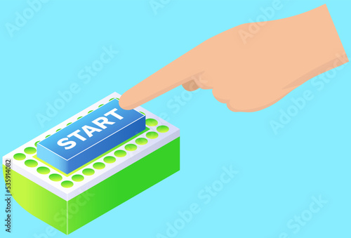 Human hand pressing start button, just get started concept. To turn on light. Startup, launch, run symbol. Hand mouse cursor clicks start button. Pointer push press begin symbol, conceptual switch