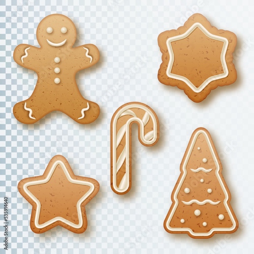 Christmas gingerbread cookies. Set of various shapes man, snowflake, tree, candy and star. Collection gingerbread cookies figures