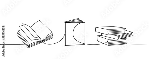 Set of books one line continuous drawing. Bookstore, library continuous one line illustration. Vector minimalist linear illustration.