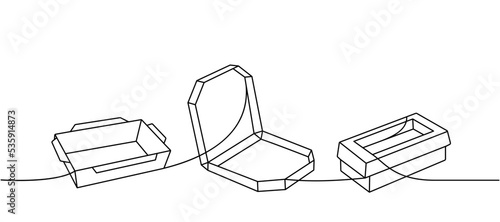 Set of takeaway cardboard boxes one line continuous drawing. Empty cardboard boxes, bags for takeaway food continuous one line illustration.