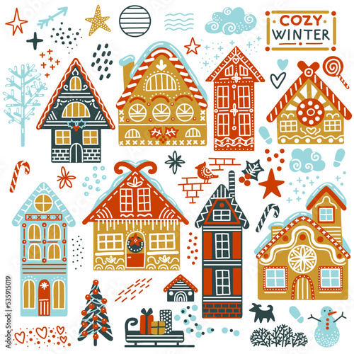 Christmas square card with houses vector illustration