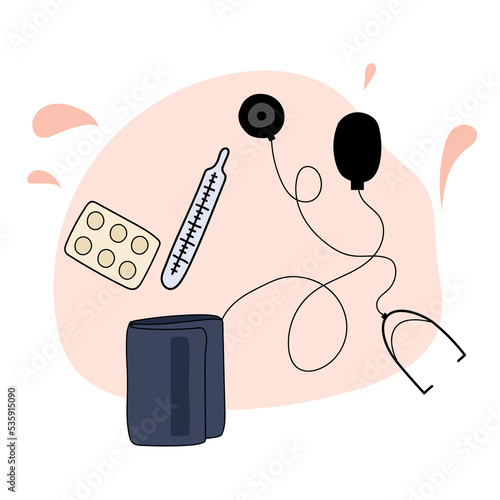 vector art of thermometer tonometer pills health