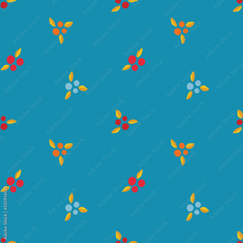 Vector pattern with blue and pink twigs and berries, geometric abstract flowers