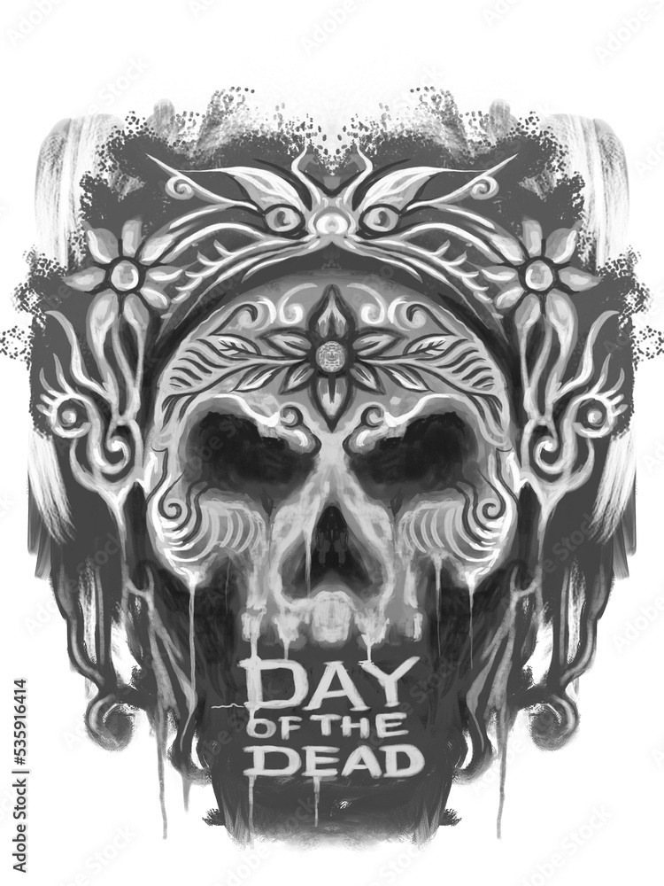 Black and white skull with a ornately decorated, day of the dead, perfect for illustration, t shirt design and poster Black and white skull with a ornately decorated, day of the dead, perfect for illustration, t shirt design and poster