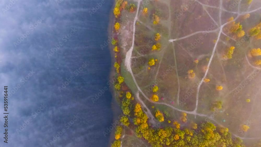 river in the fog as viewed from above by drone river in the fog as viewed from above by drone