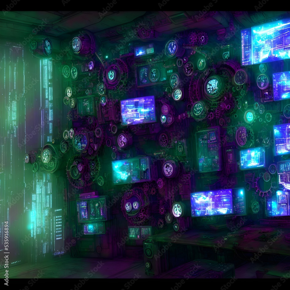 Fototapeta premium Alien computer with many gears and displays 