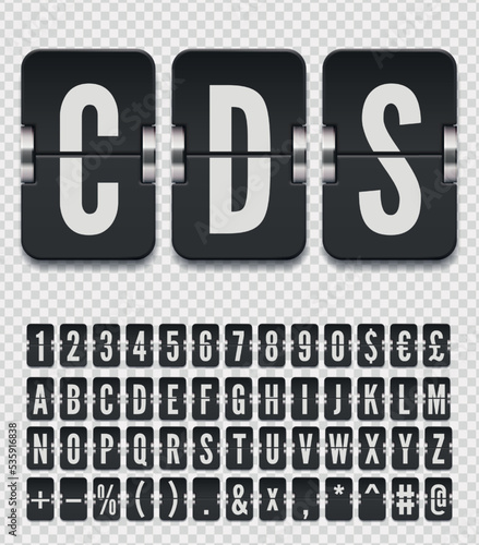 Black scoreboard abc font with numbers for showing flight departure, destination or arrival information. Airport terminal mechanical flip board alphabet vector illustration on transparent background