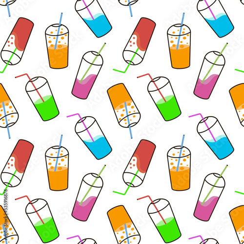 cocktails seamless pattern. cup with straw and cap for cocktail and juice