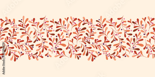 Fall Wild Forest Foliage and Berries Vector Seamless Horizontal Pattern Border. Blueberry Twigs. Thanksgiving Festive Washi Tape Print. Festive Botanical Design