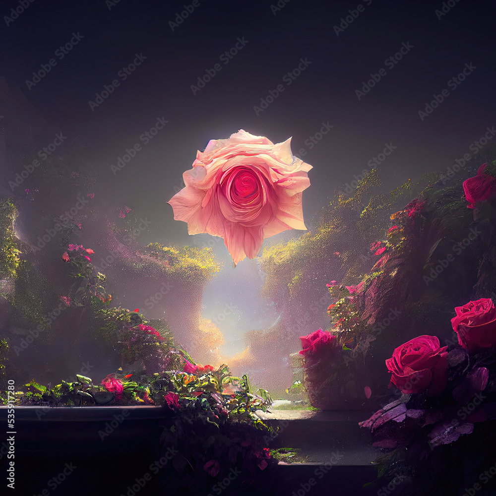 Fantasy rose on a stone staircase. Fairy landscape with flowers. Beautiful pink  rose, flowers. Fantasy flower garden, magic, lights, stairs up. Stock  Illustration | Adobe Stock