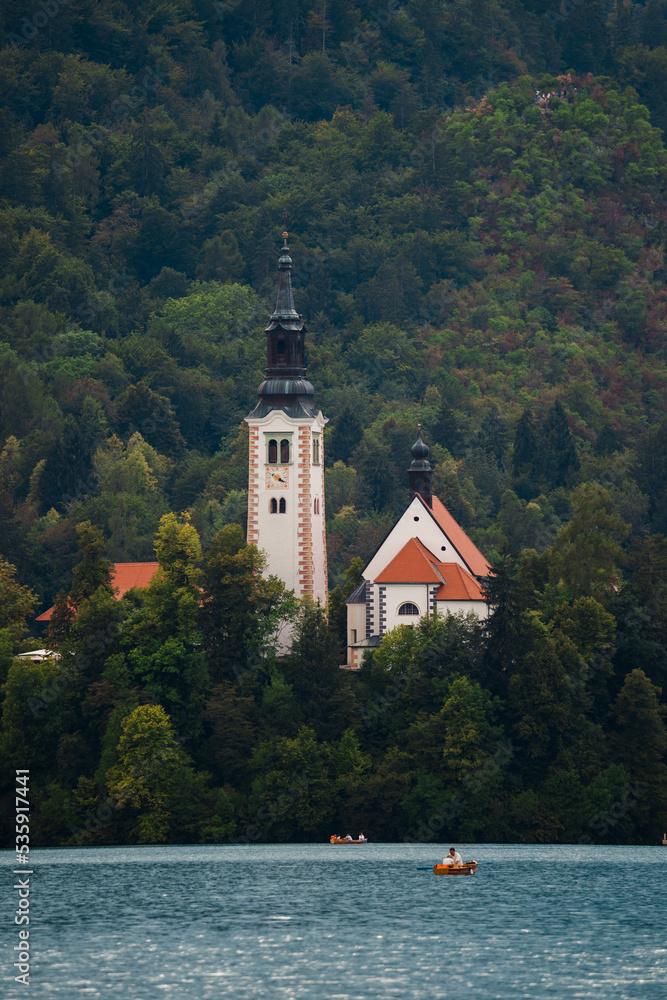 The iconic city of Slovenia, Bled with its island and church as well as the bled castle. Beautiful Panoramic view