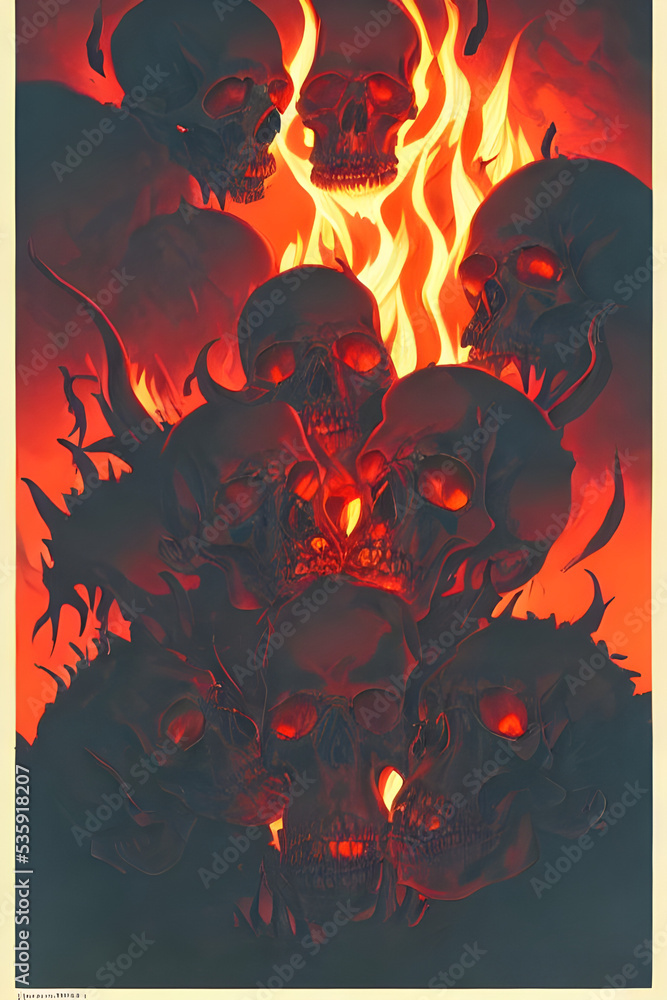 pile of sculls in hell with fire and smoke - american comic style pile of sculls in hell with fire and smoke - american comic style