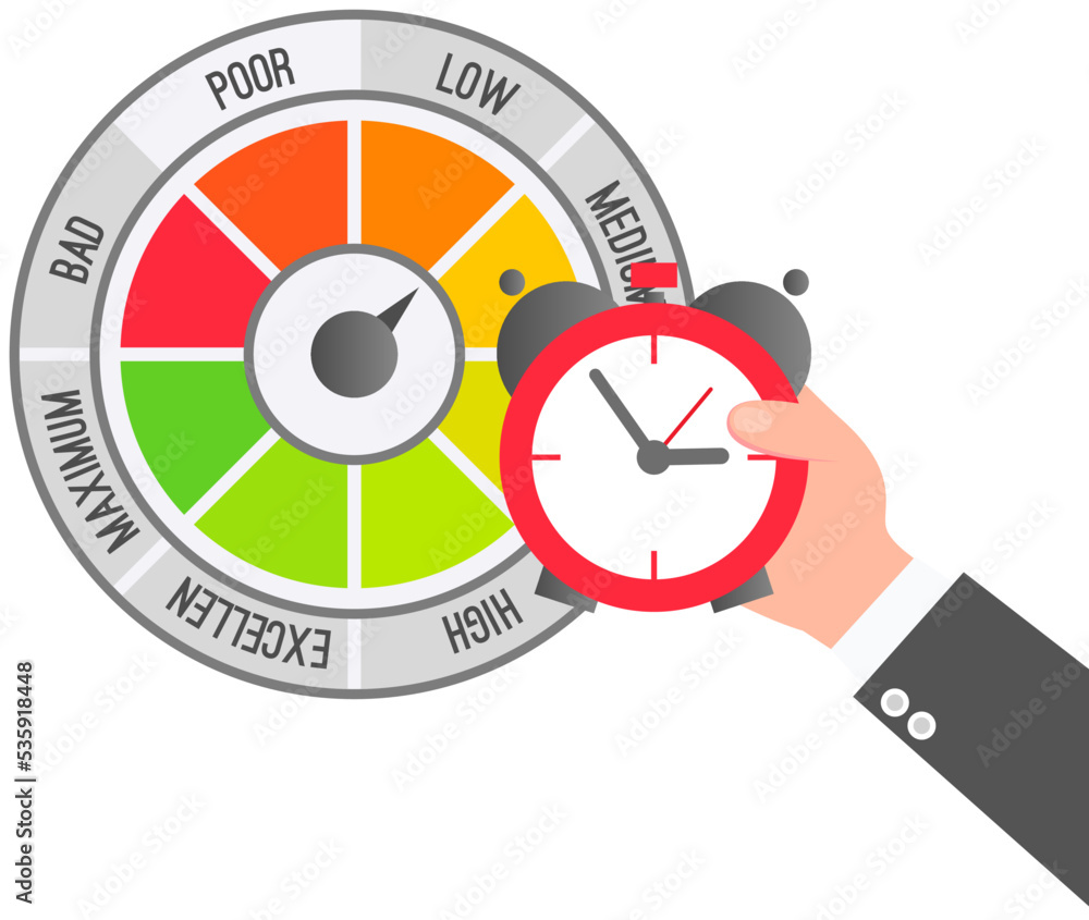 Alarm clock and quality scale with arrow from red to green and caliber of changes, power regulator gamma. Measuring device tachometer, speedometer, clock. Colorful gauge element from poor to excellent Alarm clock and quality scale with arrow from red to green and caliber of changes, power regulator gamma. Measuring device tachometer, speedometer, clock. Colorful gauge element from poor to excellent