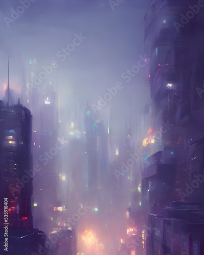 A 3d digital render of a cityscape at night with multi colored lights and a blue misty sky.