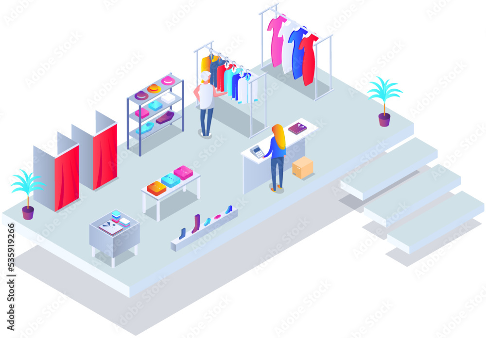 Customer choosing clothes in store. Shop assistant consultant helps buyer to choose product during shopping. Purchaser service in mall. People stand near hangers with clothes in store or boutique