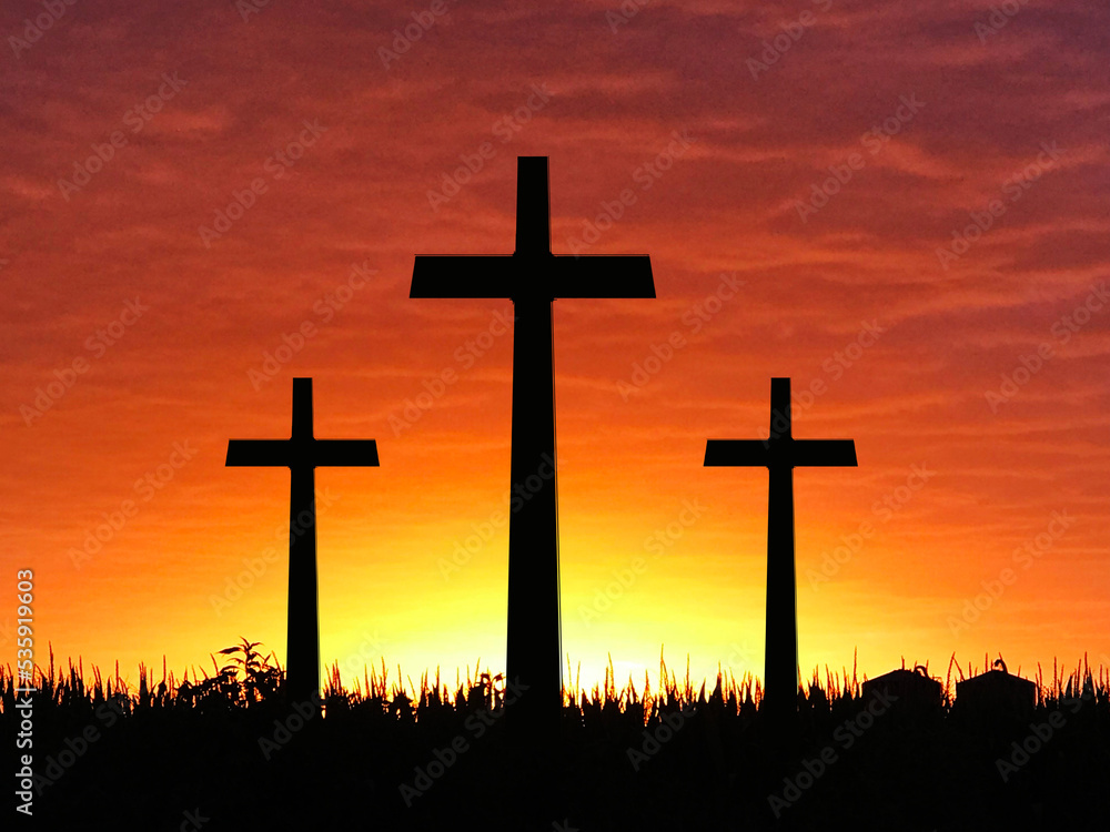 Christian Cross Dusk Sunset With Religious Silhouette and Orange Cloud Skyline