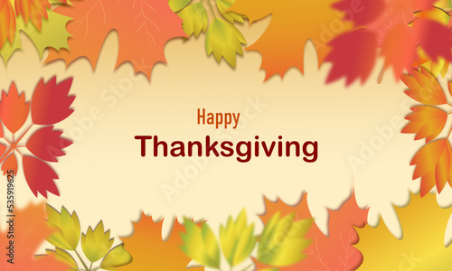 Happy Thanksgiving holiday design with bright autumn leaves and greeting text. Vector illustration.