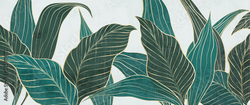 White art background with tropical leaves in blue and gold with golden art line in watercolor style. Botanical banner with exotic plants for wallpaper design, decor, print, textile.