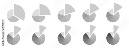 Circles divided in monochrome grey segments from 3 to 12 with one separated fragment. Pie or donut charts. Statistics infographic examples. Round shapes cut in equal slices. Vector flat illustration