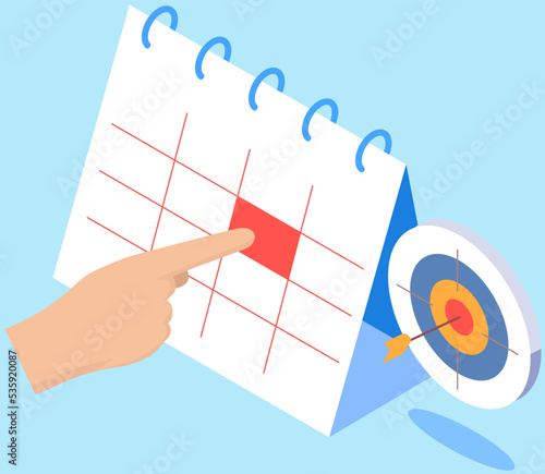 Business person planning schedule. Time management, tasks scheduling, work with calendar, reminder. Save time and money concept. Employee works to create weekly plan or timetable vector illustration