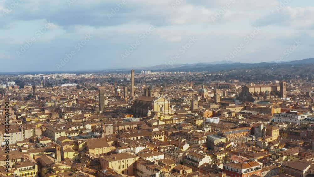 Aerial view of the skyline and cityscape of the historic city of Bologna Aerial view of the skyline and cityscape of the historic city of Bologna