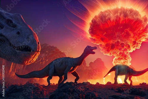 Extinction of the dinosaurs by a meteor impact in a jurassic forest. 3D rendering. © bennymarty