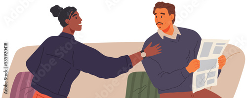 Family quarrel. Unhappy couple. Relationship conflict between husband and wife, disagreement. Man and woman are angry at each other. People dont make time for each other. Misunderstanding in marriage