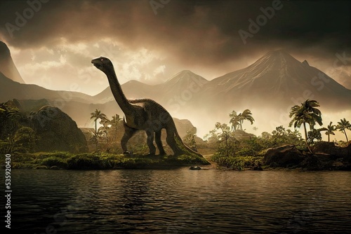 Brontosaurus is a quadruped sauropod dinosaur that lived in the Late Jurassic period. The Brontosaurus was herbivorous and was one of the largest and strongest terrestrial reptiles. 3D rendering. photo