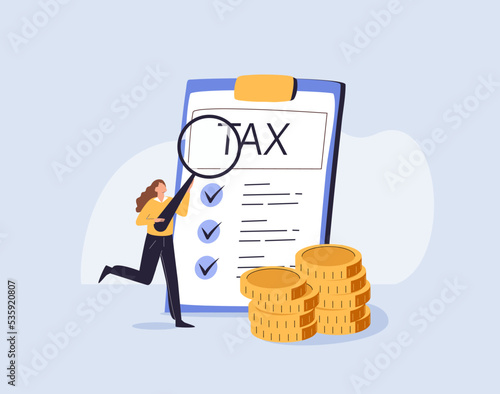 Tax payment and business. Coins, character and tax form. Tax declaration illustration set. Characters preparing document