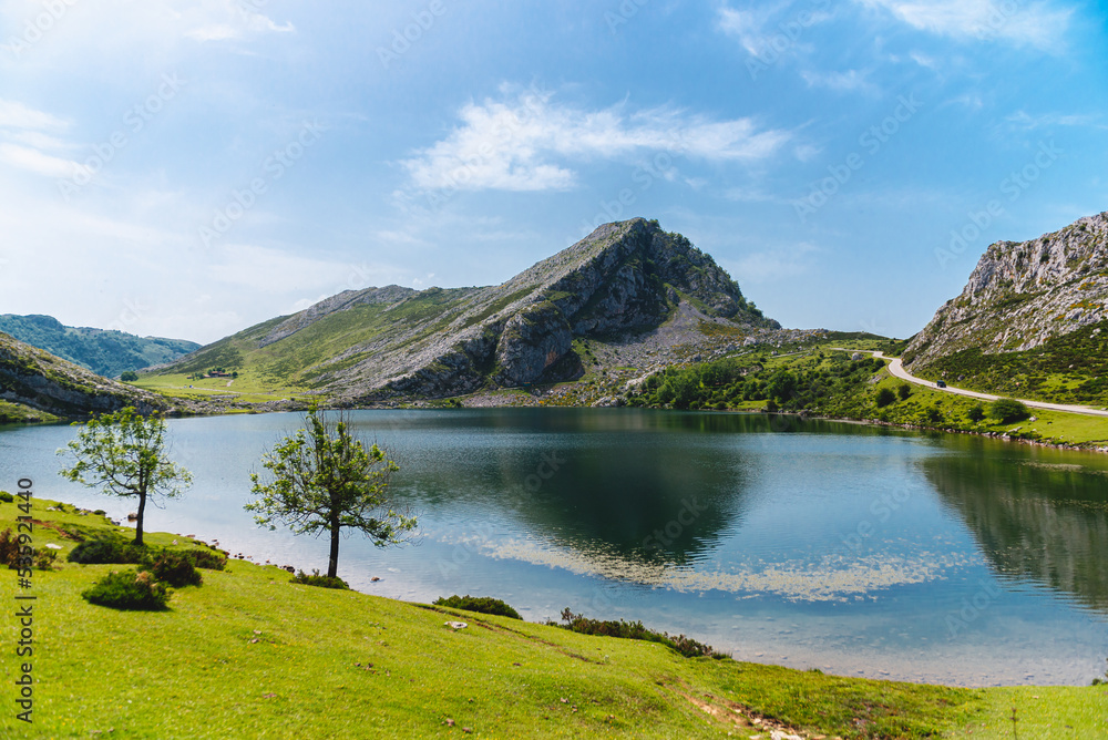 view of lake enol from the lakes of covadonga in the picos de europa national park, asturias, spain.
