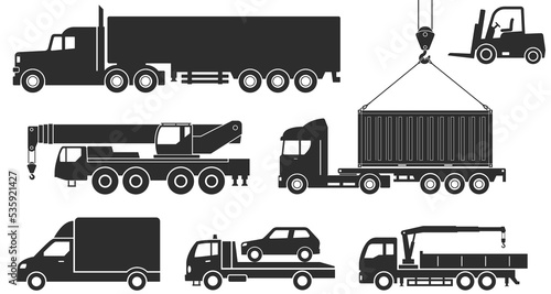 Cargo transportation and lifting machines. Collection of vector icons of construction and material handling equipment: crane, truck, loader, tow truck, container ship. Special equipment icons set.